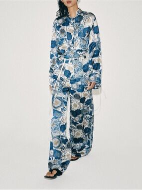 Zara Blue Floral Wide-Leg Pants and Kimono Pants Set